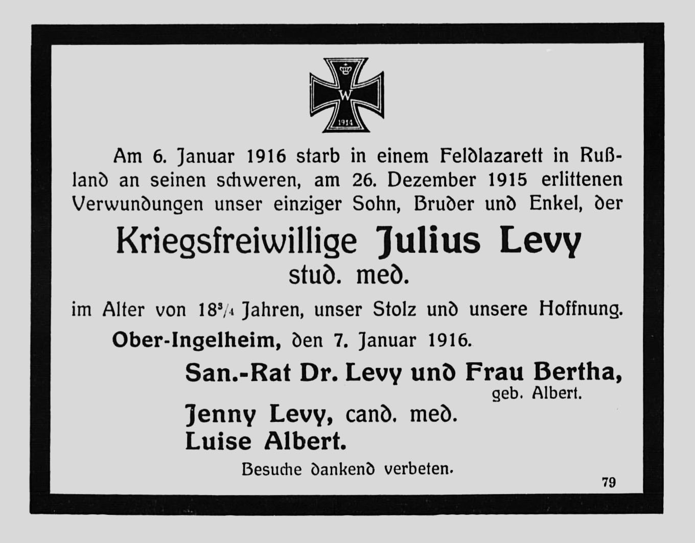 Julius Levi, Todesanzeige Januar 1916